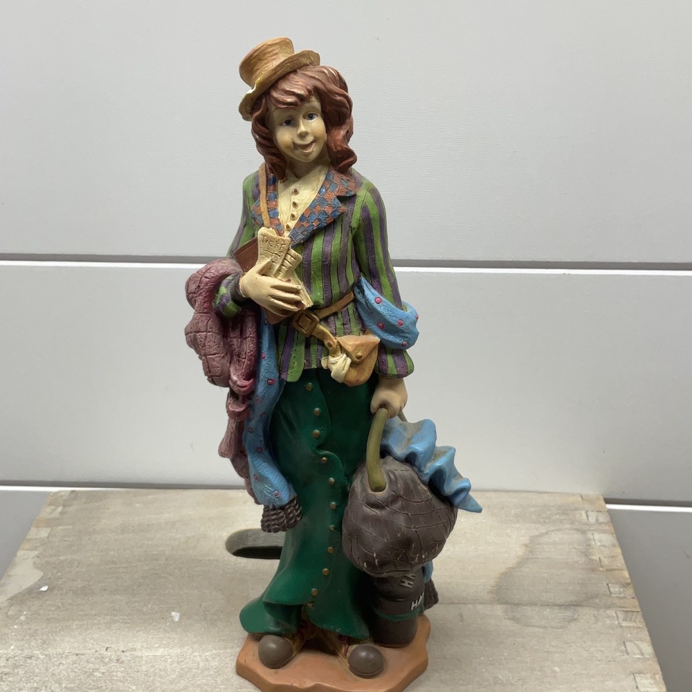 Vintage Style Whimsical Traveler Woman Figurine Striped Jacket 8 Inch Statue